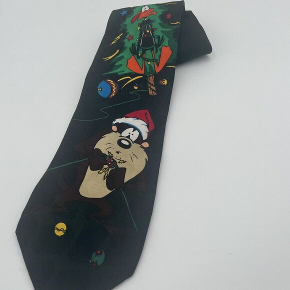 Looney Tunes Mania Tie Tazmanian Devil & Daffy Duck Black Christmas Tie 1995 Fun - Picture 1 of 9